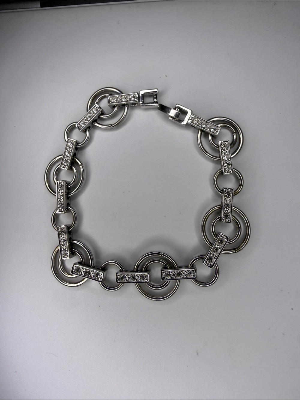 Vintage Lia Sophia Pave Rhinestone Circle Link Bracelet Silver